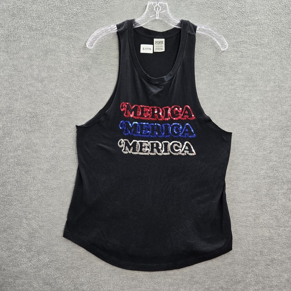 PINK‎ Victoria's Secret Women Activewear Top Small Black Tank Sequin Merica
